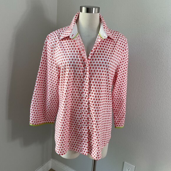 Foxcroft Womens 16 Wrinkle Free Button Up Shirt Orange Print 3/4 Sleeve Blouse - Picture 1 of 9
